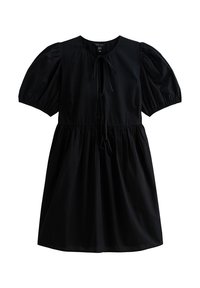 Vestido negro con mangas abullonadas cortas, escote redondo y detalle de cordón en la cintura. Fabricado en una tela ligera con una falda fluida.