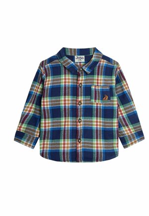 Langærmet skjorte til småbørn med flerfarvet ternet mønster og lille lomme med brun sejlbåd-emblem på brystet.
