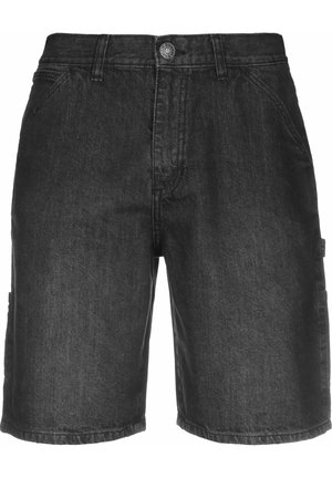 Short en denim noir avec bouton et fermeture éclair à l'avant, poches latérales, passants pour ceinture et coupe décontractée se terminant au-dessus du genou.