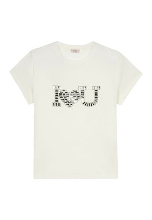 Tricou alb din bumbac cu un desen grafic ce include „I”, o inimă și „U” în negru și argintiu, cu modele integrate și accente metalice.