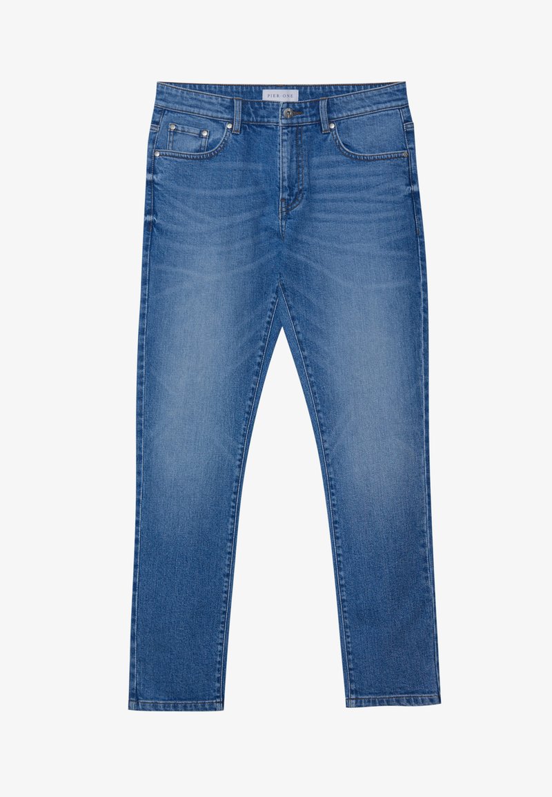 Blue denim jeans with a straight-leg design, featuring front pockets, stitched seams, and a classic button closure.