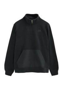 Schwarzer Fleece-Pullover mit hohem Kragen, Reißverschluss und frontaler Kängurutasche. Bietet eine glatte Textur und ein Logodesign auf der Brust.