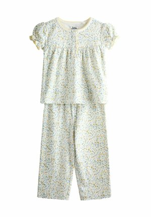 Korte witte baby-pyjamaset met bloemenprint, korte ballonmouwtjes en een gerimpelde taille aan de bovenkant.