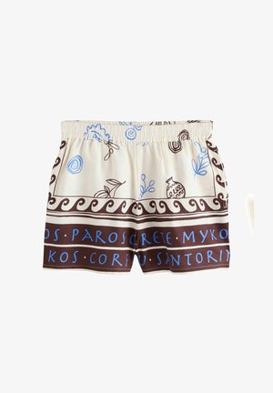 Krátké krémové šortky s hnědými a modrými názvy řeckých ostrovů a dekorativními vlnovými a rostlinnými vzory. Elastický pas.
