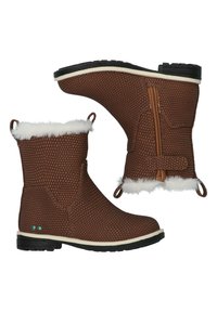 Bruine textuur enkellaarzen met een faux fur voering, een zijrits en twee achterste trekloops. Kenmerken een contrasterende witte zool en turquoise accenten.