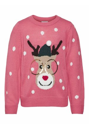 Pink strikket sweater med hvide polkaprikker, med en smilende rensdyr, der bærer en grøn hat med en hvid pompombold og gyldne palietbriller.