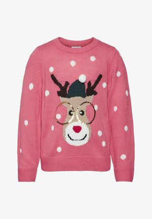 Różowy sweter na drutach w białe groszki, z uśmiechniętym reniferem w zielonej czapce z białym pomponem i złotymi okularami z cekinami.