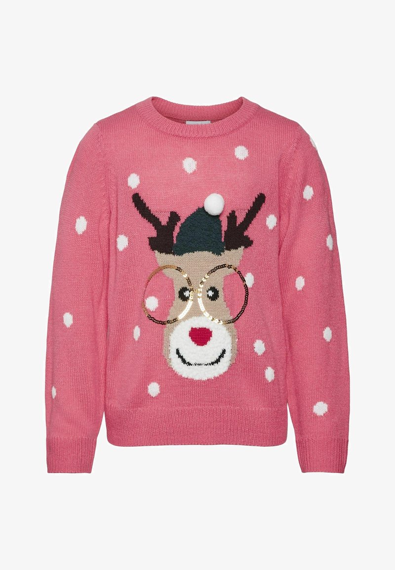 Pull en tricot rose à pois blancs, avec un renne souriant portant un bonnet vert avec un pompon blanc et des lunettes à sequins dorés.