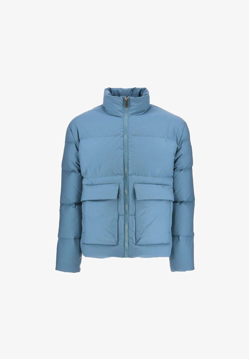 Light blue puffer jacket with high collar, front zipper, and two large flap pockets on the front.