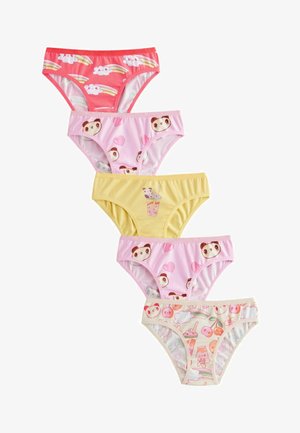 Set de cinci chiloți din bumbac pentru copii. Culori: roz, galben, corai și crem. Modele incluzând panda, inimi și băuturi. Talie elastică.
