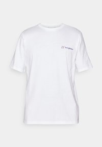 Biela bavlnená tričko s krátkymi rukávmi, okrúhlym výstrihom a fialovým logom "berghaus" potlačeným na ľavej hrudi. Hladká textúra, neformálny dizajn.