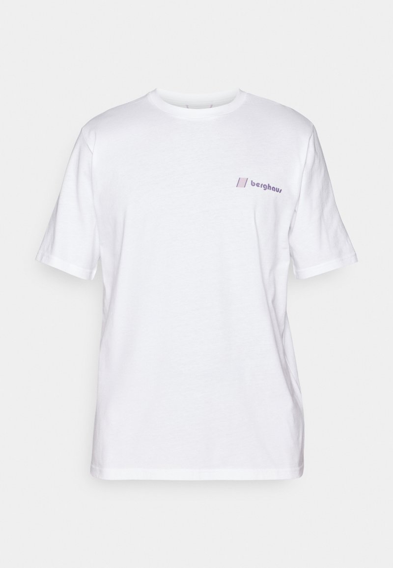 T-shirt en coton blanc à manches courtes, col rond, avec un logo « berghaus » en violet imprimé sur le côté gauche de la poitrine. Texture lisse, design décontracté.