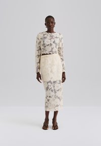 Zweiteiliges Spitzenkleid mit einem transparenten grauen Langarmoberteil mit Blumenmustern und einem cremefarbenen Rock mit gewelltem Saum.