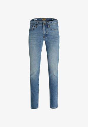 Jean slim bleu pour homme avec légère décoloration, fermeture avant à bouton et zip, design cinq poches.