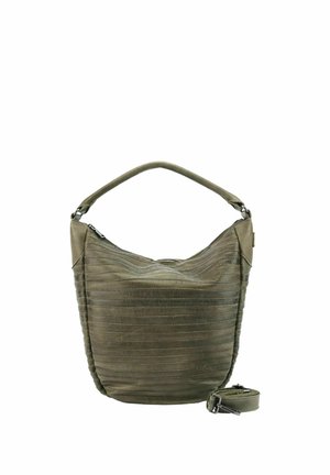 Sac à main en cuir vert olive avec poignée supérieure et bandoulière ajustable détachable sur fond blanc.