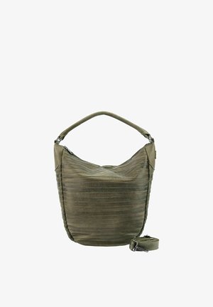 Sac à main en cuir vert olive avec poignée supérieure et bandoulière ajustable détachable sur fond blanc.