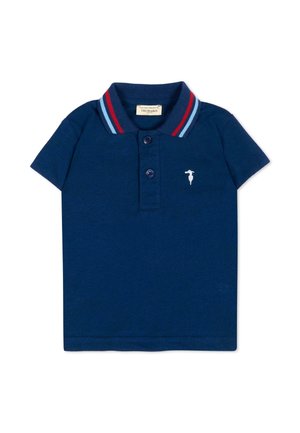 Polo blu navy a maniche corte con due bottoni, colletto a costine con righe rosse e azzurre chiare e piccolo logo bianco ricamato sul petto.
