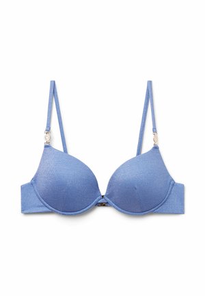 Reggiseno imbottito azzurro chiaro con ferretto, spalline sottili regolabili e chiusura anteriore su sfondo bianco.