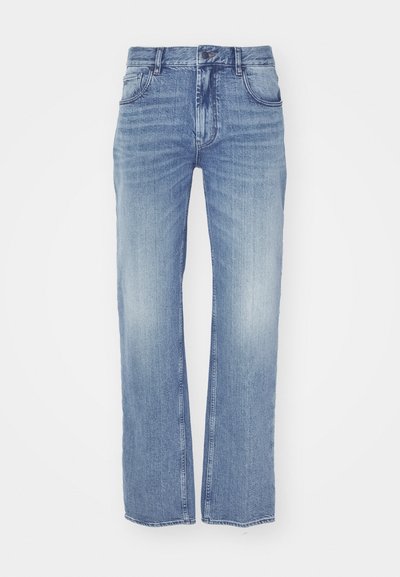 Light blue denim jeans with a straight-leg cut, featuring front pockets and a button closure. Faded texture, no additional embellishments.