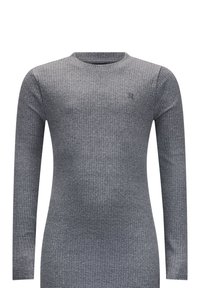 Abito grigio a maniche lunghe con corsetto a coste e scollatura rotonda, caratterizzato da un sottile accento del logo. Presenta un design aderente con una texture morbida.