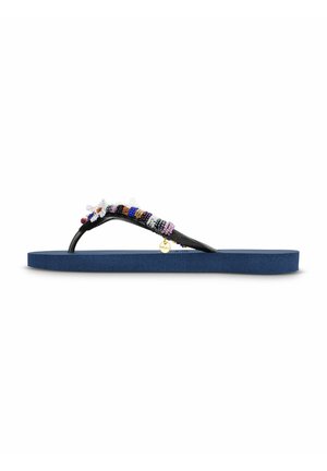 Tongs bleu marine avec une semelle texturée, dotées d'une sangle noire ornée d'accents colorés en perles et d'un petit ornement métallique.