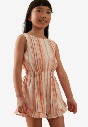 Striped dress in light fabric with orange and beige lines. Features a fitted waist and ruffled hem. Sleeveless design with a round neckline.