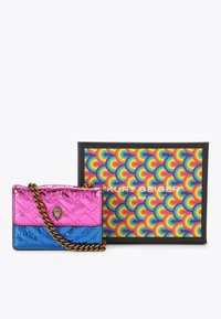 Quilted handbag with pink and blue metallic finish, featuring a gold chain strap and a decorative emblem on the front. Includes patterned box.