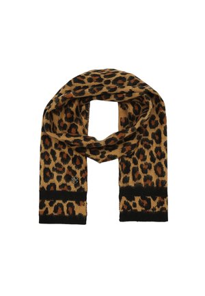 Écharpe à imprimé léopard en tan et noir, fabriquée en tissu tricoté doux, avec une texture côtelée et un détail de logo à une extrémité.