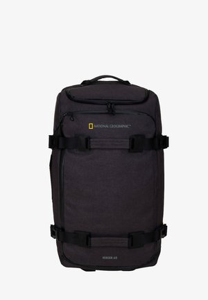 Dunkelgrauer Rucksack für Wanderungen mit verstellbaren schwarzen Riemen, seitlichen Schnallen und National Geographic-Logo. Verfügt über mehrere Fächer und Reißverschlüsse.