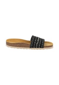Infradito neri con fascia intrecciata texturizzata e soletta in sughero, caratterizzati da una leggera suola in gomma e cuciture bianche a contrasto.