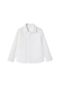 White long-sleeve shirt made of linen, featuring a classic collar, front button closure, and straight hem. Smooth texture with no patterns.