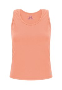 Peachfarvet tanktop lavet af blød stof, med en rund halsudskæring og et diskret logo i lilla nær kraven. Glat tekstur.