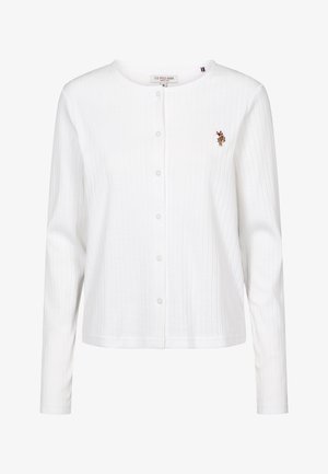 Weißer langärmeliger Strickcardigan mit Knöpfen, Rippstruktur und kleinem, besticktem U.S. Polo Assn. Logo auf der linken Brust.