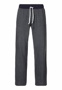 Grijze joggingbroek met een marineblauwe elastische tailleband, voorzien van een witte trekkoord, twee zijzakken en een ontspannen pasvorm.