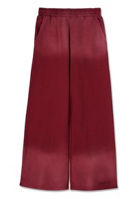 Bordo krāsas plašas bikses ar elastīgu jostu un sānu kabatām, ar gludu tekstūru un gradienta krāsu pāreju apakšmalā.