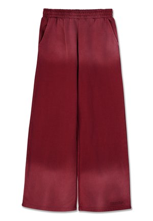 Bordo krāsas plašas bikses ar elastīgu jostu un sānu kabatām, ar gludu tekstūru un gradienta krāsu pāreju apakšmalā.