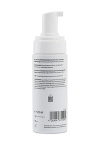Weiße Flasche mit Pumpenspender, 150 ml Fassungsvermögen, verfügt über ein Produktetikett mit deutschem und englischem Text, Barcode und QR-Code auf der Rückseite.