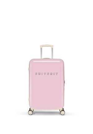 Harde roze koffer met een glanzende afwerking, uitgeklapte telescopische handgreep en vier multidirectionele wielen. Kenmerkt het "SUITSUIT" logo in het grijs.