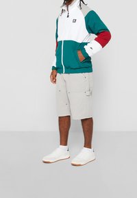 Bluza na zamek w kolorze morskim i białym z czerwonymi i szarymi akcentami, zestawiona z jasnoszarymi szortami typu cargo i białymi trampkami z beżową podeszwą.