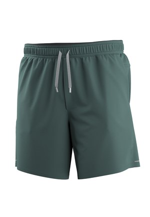 Dunkelgrüne Sportshorts mit elastischem Bund und grauen Kordeln, ausgestattet mit Seitentaschen und einem sauberen, nahtlosen Design.