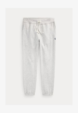 Gray sweatpants made of a soft, textured material, featuring an elastic waistband with drawstring and fitted cuffs. Logo detail on side.