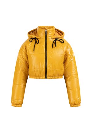Afgekorte gele pufferjack met een glanzende afwerking, capuchon, rits aan de voorkant en zwarte trekkoorden bij de nek en manchetten.