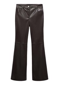 Black flared pants made of smooth faux leather, featuring front pockets, a zipper fly, and a silver button. Accentuated stitching detail.
