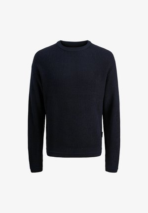 Granatowy sweter z prążkowanej dzianiny z długimi rękawami i okrągłym dekoltem. Posiada fakturowany materiał oraz prosty dół.