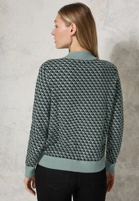 Mintgroene gebreide trui met een geometrisch patroon van zwarte driehoeken, geribbelde manchetten en zoom, met een kraagachtige halslijn.