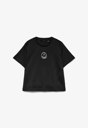 Czarny bawełniany t-shirt z okrągłym dekoltem, krótkimi rękawami i nadrukiem białej buźki na klatce piersiowej.