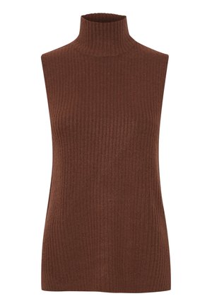 Bruine geribbelde coltrui zonder mouwen. Zachte textuur met een getailleerde pasvorm en hoge kraag. Geen zichtbare sluitingen of versieringen.