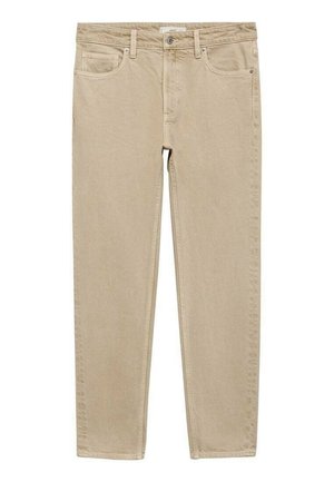 Beige cotton trousers featuring a straight-leg design, five pockets, and metal accents. Smooth texture with reinforced seams.