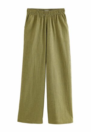 Green and white checkered wide-leg pants with an elastic waistband, featuring side pockets and a soft, lightweight fabric texture.