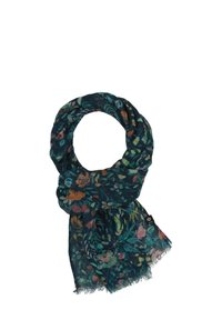 Scarf leggero con motivo floreale in verde scuro con accenni di arancione, giallo e verde. I bordi sfrangiati aggiungono texture.